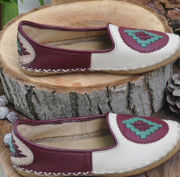 Burgundy Cream Embroidered - Flat Shoes - 3