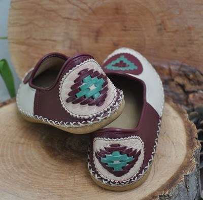 Burgundy Cream Embroidered - Flat Shoes - 5